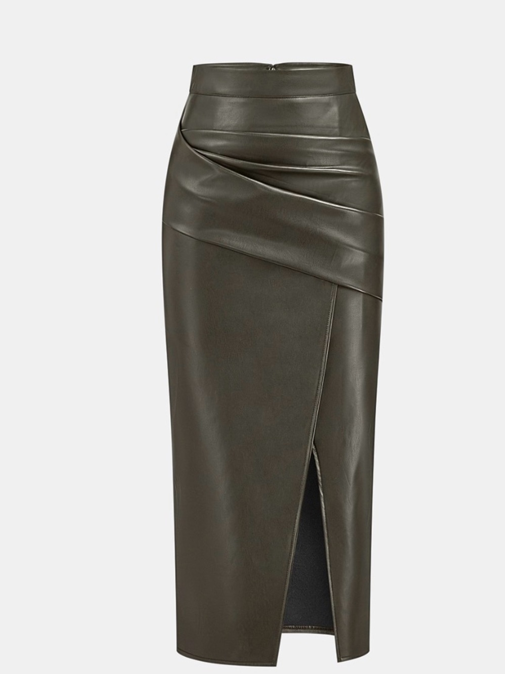 Faux Leather Olive Midi Skirt with Front Slit